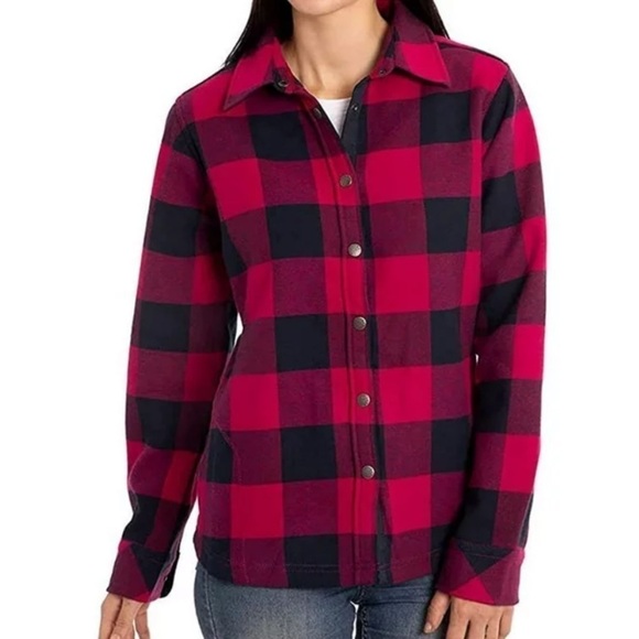 Orvis Buffalo Plaid Pink & Navy Blue Fleece Lined Shirt Jacket Shacket -Size Med - Picture 1 of 16